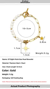 Detail specifications of 18K gold star pearl bracelet with OT clasp and paperclip chain