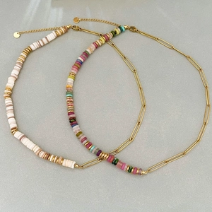 Bohemia Handmade Beaded Necklace Stainless Steel Paperclip Chain Asymmetrical Colorful Natural Stone Shell Retro Jewelry