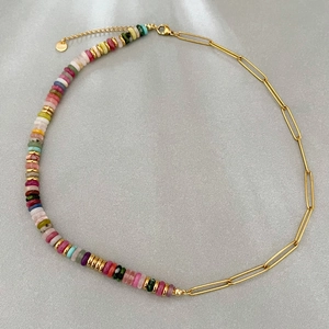 Bohemian colorful beaded necklace with half gold paperclip chain and lobster clasp