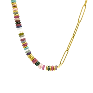 Bohemian colorful disc beads and gold paperclip link chain asymmetric necklace for women