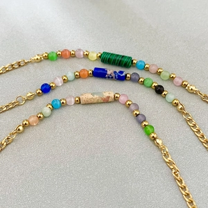 18K gold plated stainless steel bracelet with colorful beads and natural stone cylinder