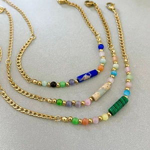 Vintage 18K gold stainless steel bracelet with colorful natural stones and malachite beads