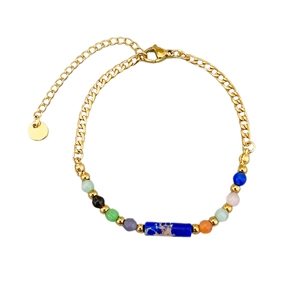 Vintage 18K gold stainless steel bracelet with colorful natural stones and cat eye beads