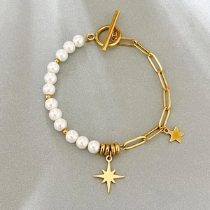 Stainless Steel Artificial Pearl Bracelet Eight Pointed Star Pendant OT Buckle Toggle Clasp Gold Plated Paperclip Chain Jewelry
