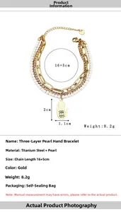 Detailed view of triple-layer pearl and gold titanium steel palm bracelet with size specs