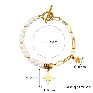 18K gold plated stainless steel pearl bracelet with OT buckle and star charms