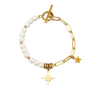 18K gold plated stainless steel paperclip bracelet with pearls and star charms