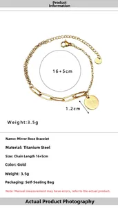 Macro detail of gold titanium steel mirror rose pendant with double layer chain dimensions