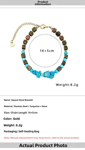 Détails des perles de pierre verte et turquoise bleue avec chaîne en acier titane doré