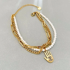Layered Bracelet With Hamsa Hand Pendant Evil Eye Detail Stainless Steel Gold Plated Imitation Artificial Pearl Vintage Jewelry For Women