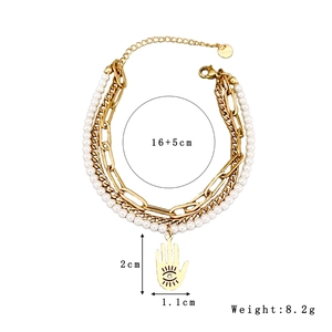 Retro multi-layer pearl and 18k gold plated Hamsa hand charm bracelet in stainless steel