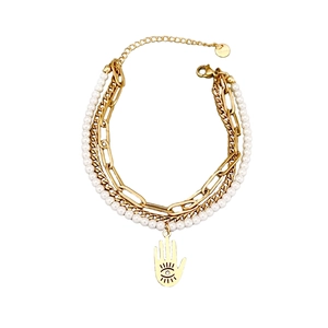 Three-layer 18k gold plated bracelet with pearls and Hamsa Hand evil eye charm