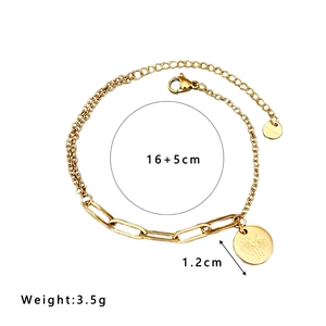 Gold stainless steel double-layer bracelet with rose embossed charm and clip chain