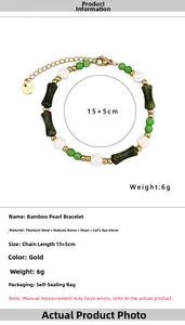 Detail of green bamboo stones and pearls on a gold titanium steel adjustable bracelet