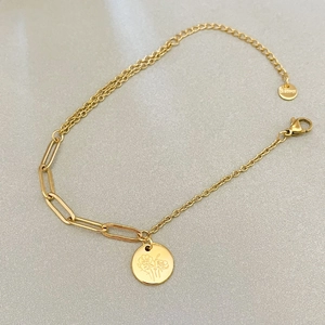 Gold double-layer stainless steel bracelet with paperclip links and rose charm