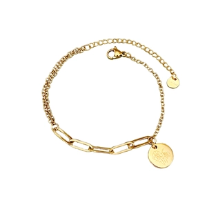 Double-layered gold bracelet with a floral coin pendant and geometric paperclip chain links