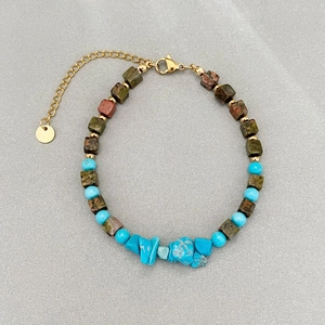 Bracelet Perles Fait Main Acier Inoxydable Plaque Or Pierre Naturelle Turquoise Geometrique Carre Bijoux Pour Femme
