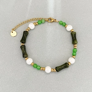 Retro Green Bamboo Knot Beaded Bracelet Stainless Steel Handmade Artificial Pearl Cat Eye Stone Jewelry For Women