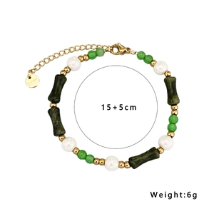 Green bamboo-style cat's eye stone bracelet with pearls and adjustable gold chain