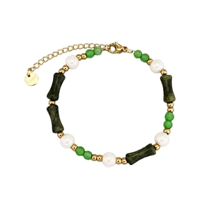Bamboo-style beaded bracelet with green cat-eye stones, pearls, and stainless steel chain