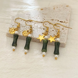 Vintage Dangle Earrings Stainless Steel Golden Hooks Green Bamboo Joint Stone Beads White Faux Artificial Pearl Jewelry Women