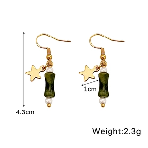 Bamboo style green bead drop earrings with gold stars and pearls, 4.3cm length