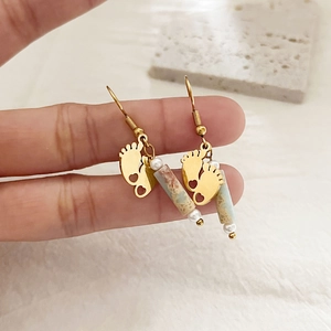 New Chinese style bamboo gold earrings with marble beads and pearls for women