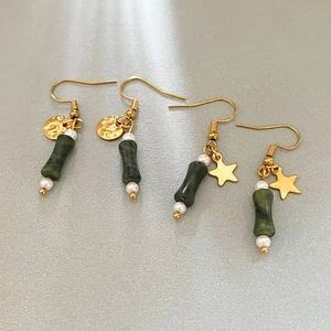 Bamboo style earrings with green jade cylinder pendants and white pearls in gold finish