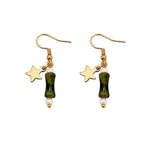 Vintage style bamboo pearl drop earrings with golden stars and green jade beads