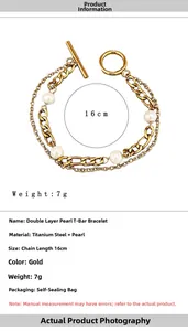 Detailed specs of double-layer pearl OT bracelet in gold-plated stainless steel
