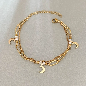 Bracelet double rangée doré avec breloques lune et perles blanches pour femmes