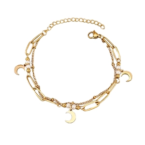 Bracelet double rangée doré avec breloques lune et perles blanches en acier inox