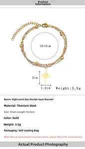 Detailed view of golden double-layer star bracelet with size markings and parameters