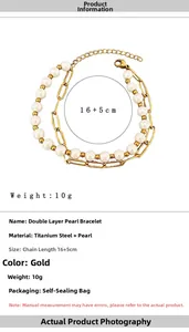Close-up of double-layer stainless steel paperclip chain and pearl bracelet with size info