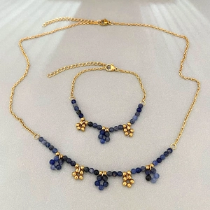 Mode Edelstahl Blau Aderstein Halskette Armband Für Damen Vergoldet Blumenanhänger Perlen Schmuck Set Zubehör