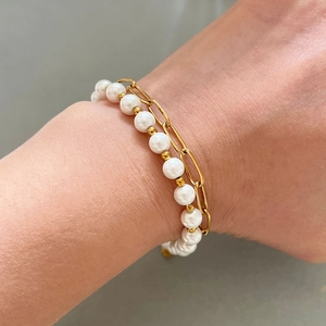 Double Layer Bracelet Stainless Steel Paperclip Chain Imitation Artificial Pearl Bohemian Beach Style Jewelry For Women