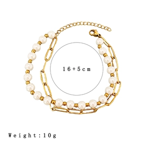 Bohemian double-layer pearl and paperclip chain bracelet in 18k gold plated stainless steel