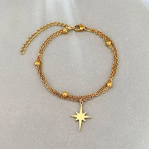 Double-layer gold stainless steel star bracelet with beads and adjustable lobster clasp