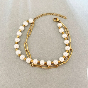 Bohemian double-layer stainless steel bracelet with pearls and gold paperclip chain