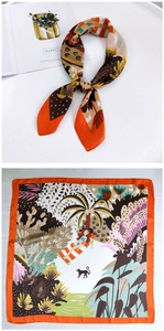 Detailed tropical island print on 70cm silk-like square scarf with bright orange hem