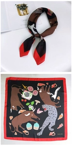 Detail of artistic 70cm silk square scarf with surrealist animal and food print patterns