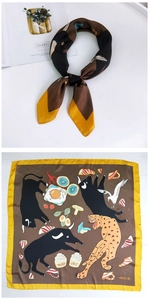 Detailed pattern of a square silk scarf with chic animal and dessert illustrations
