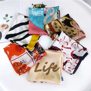 Women Square Scarf Simulated Satin Printed Tropical Floral Geometric Pattern Fashion Hair Accessory Neck Wrap Handbag Ribbon Decorative