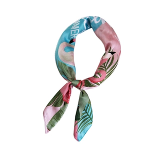 70cm tropical flamingo silk satin square scarf with summer palm leaf print