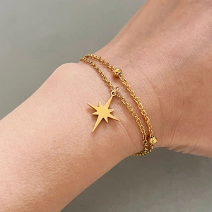 Double-layered stainless steel bracelet with octagonal star charm and golden metal beads