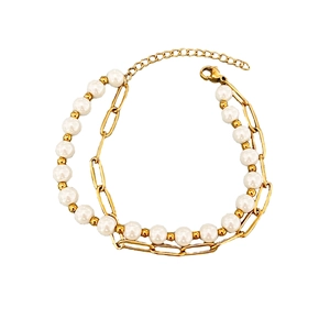 Bohemian double-layer bracelet with pearls and golden paperclip chain in stainless steel
