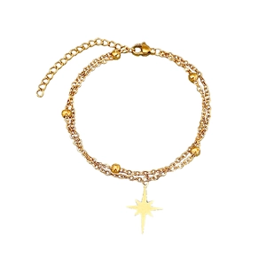 Double-layer gold stainless steel bracelet with bead chain and north star pendant