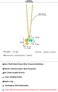 Detail of gold rose pendant with turquoise stone showing size 2x1.1cm on chain
