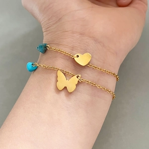 Stainless Steel Heart And Butterfly Bracelet Gold Plated With Blue Crushed Stone Adjustable Jewelry For Women
