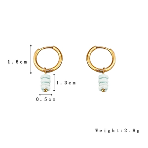 Gold hoop earrings with mint green stone pendants and dimensions, 2.8g lightweight design